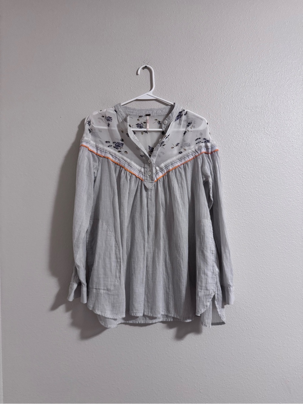 Free People Light Gray Embroidered Peasant Tunic with Orange Trim